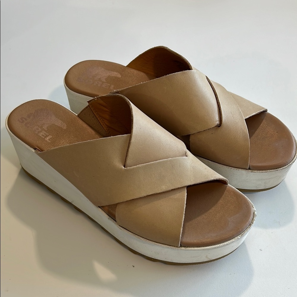 Sorel - 8, Beige, Tan Wedge Sandals - image 1